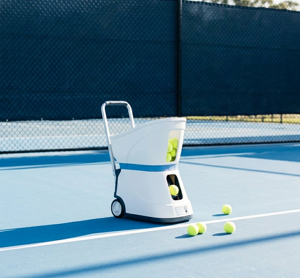 Ball machine on a tennis court