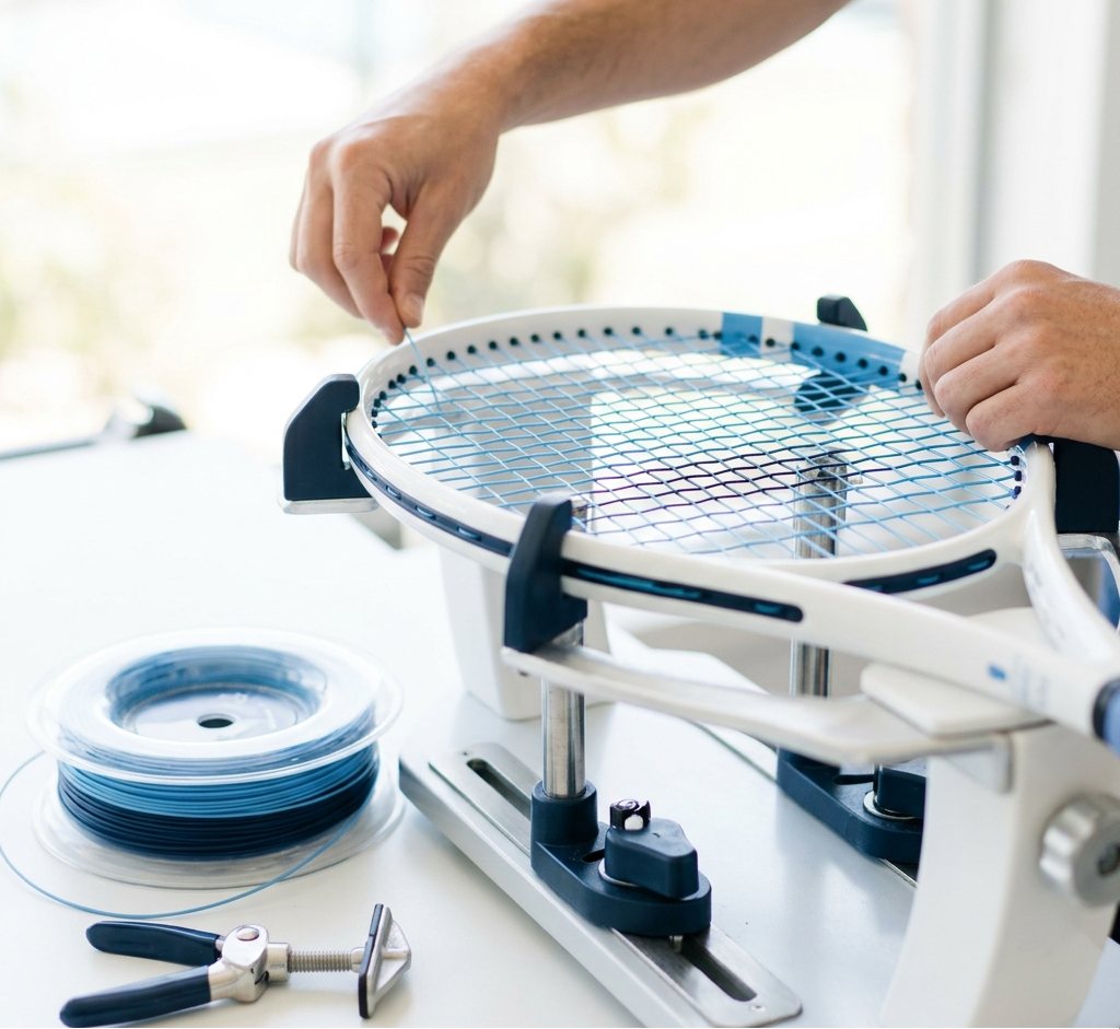 Racquet being restrung on a stringing machine